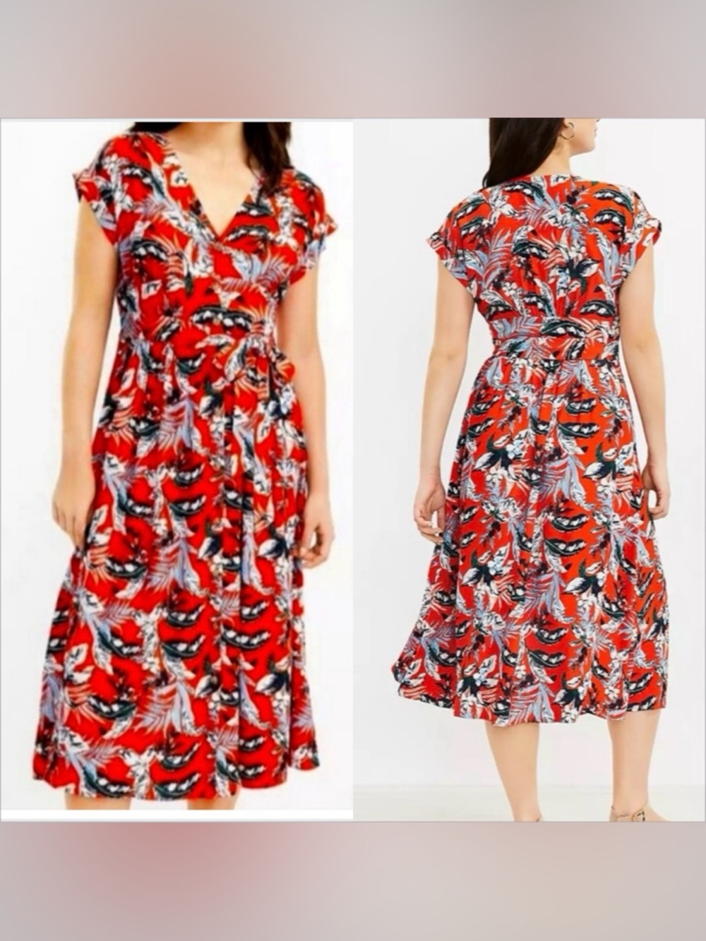 LOFT Botanical Print Button-Front Midi boho summer vacation casual Dress SZ10P